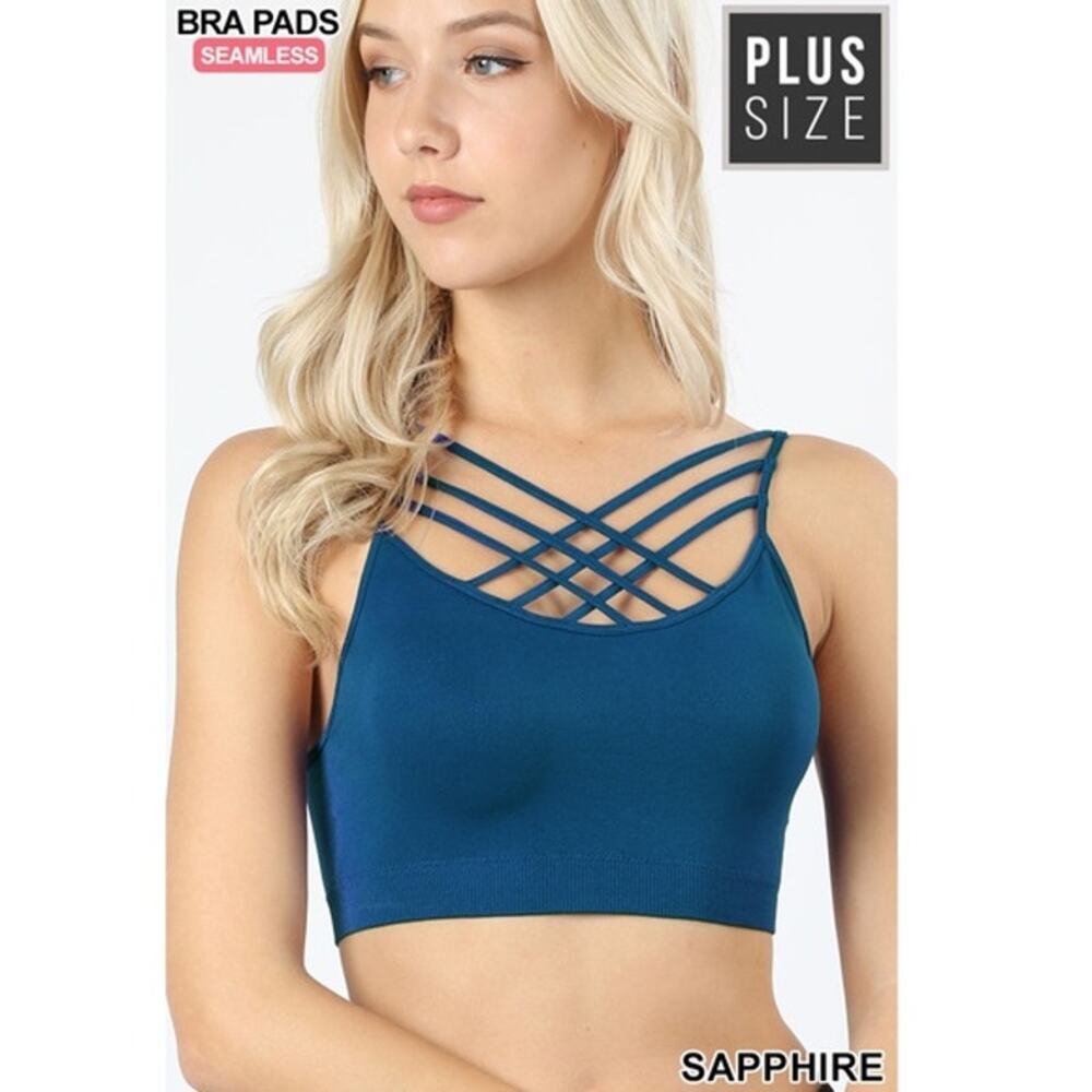 2X/3X Sapphire Triple Criss Cross Bralette + bra pads Zenana wireless seamless